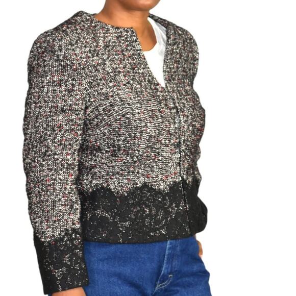 Karen Millen Tweed Jacket Lace Trim Suit Blazer Black Classic Textured Size 10 - Picture 6 of 15